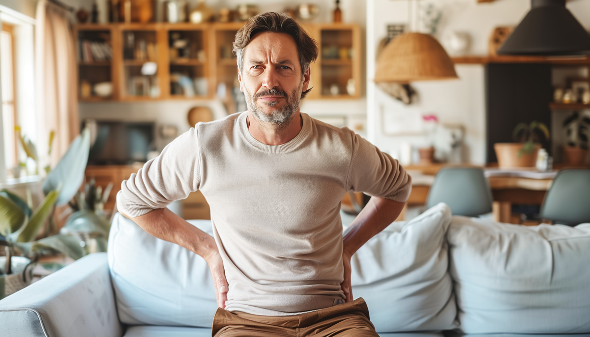 Man sitting on the sofa and massaging his lower back loin after pain attack. Healthcare, orthopedic spinal stenosis and nervous systems issues, body prophylaxis and active lifestyle concept.